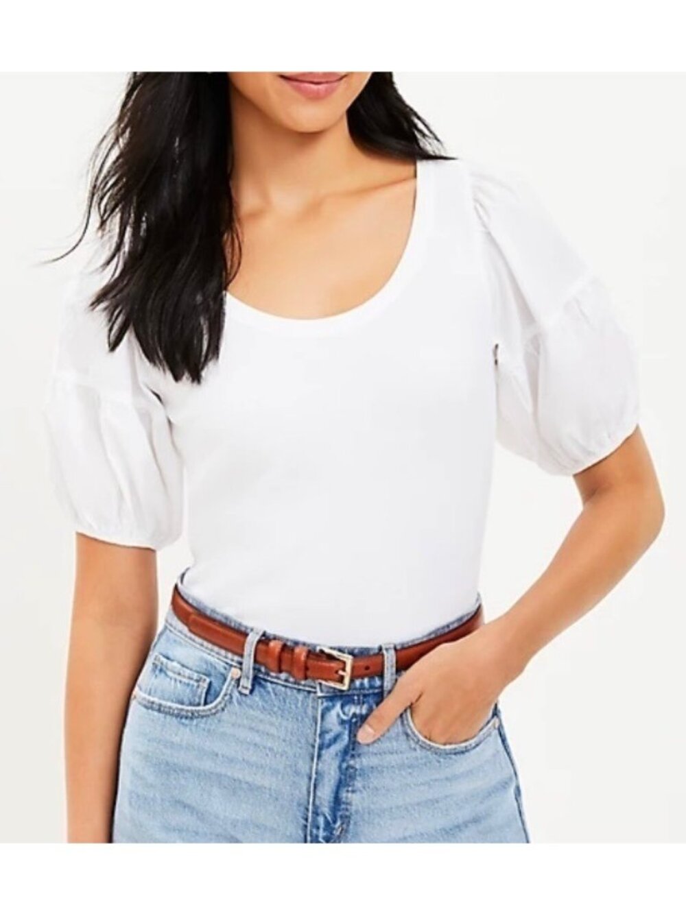 LOFT Petite Women Puff Sleeve Mixed Media Top Medium